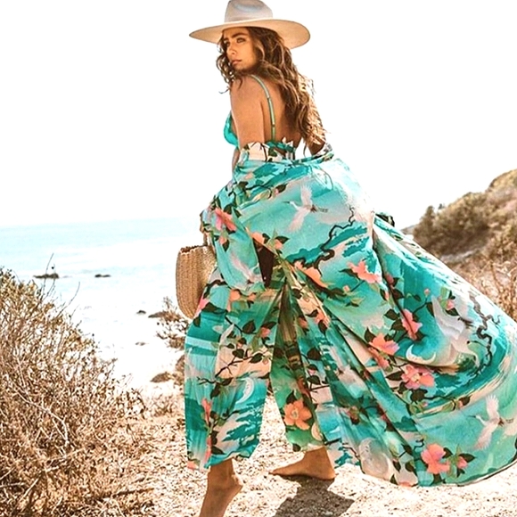 Boutique Dresses & Skirts - NEW Boho Vintage Floral Print Kimono Maxi Duster Jacket Robe Teal Pink